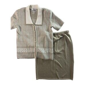 Ami Knits Sweater and Skirt Set Womens 12 Tan White Pencil Vtg USA Shoulder Pads